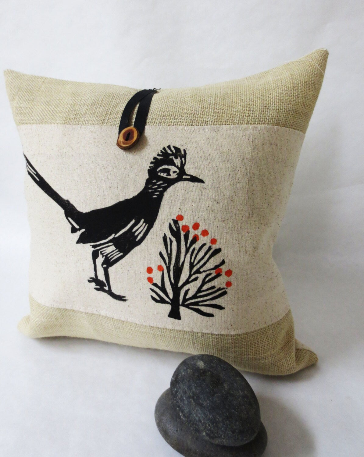 Roadrunner Pillow: Hand Block Printed Burlap Desert Bird Pillow