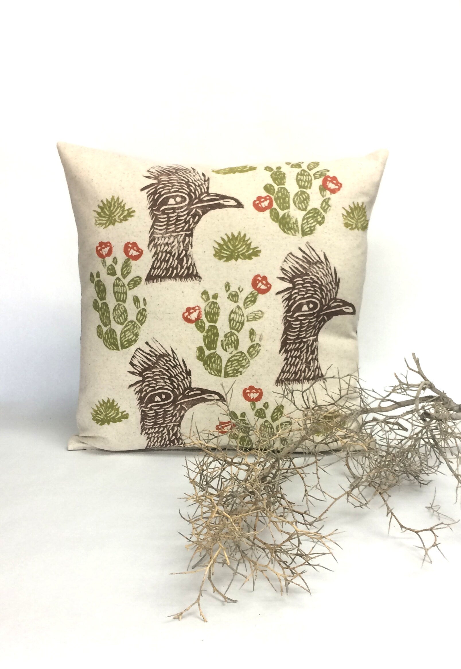 Roadrunner Cactus Print Pillow: Hand Block Printed Desert Decor