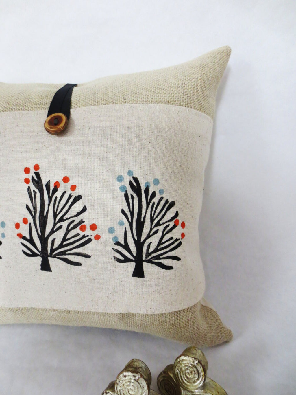 Hand Block Printed Tree Pillow Cover: Orange Blossom Burlap Accent