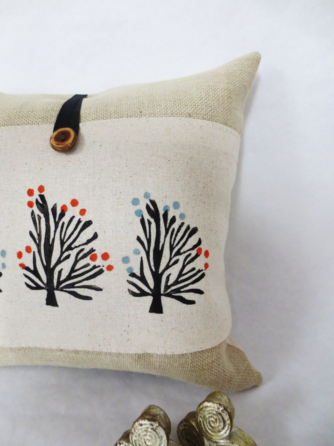 Hand Block Printed Tree Pillow Cover: Orange Blossom Burlap Accent