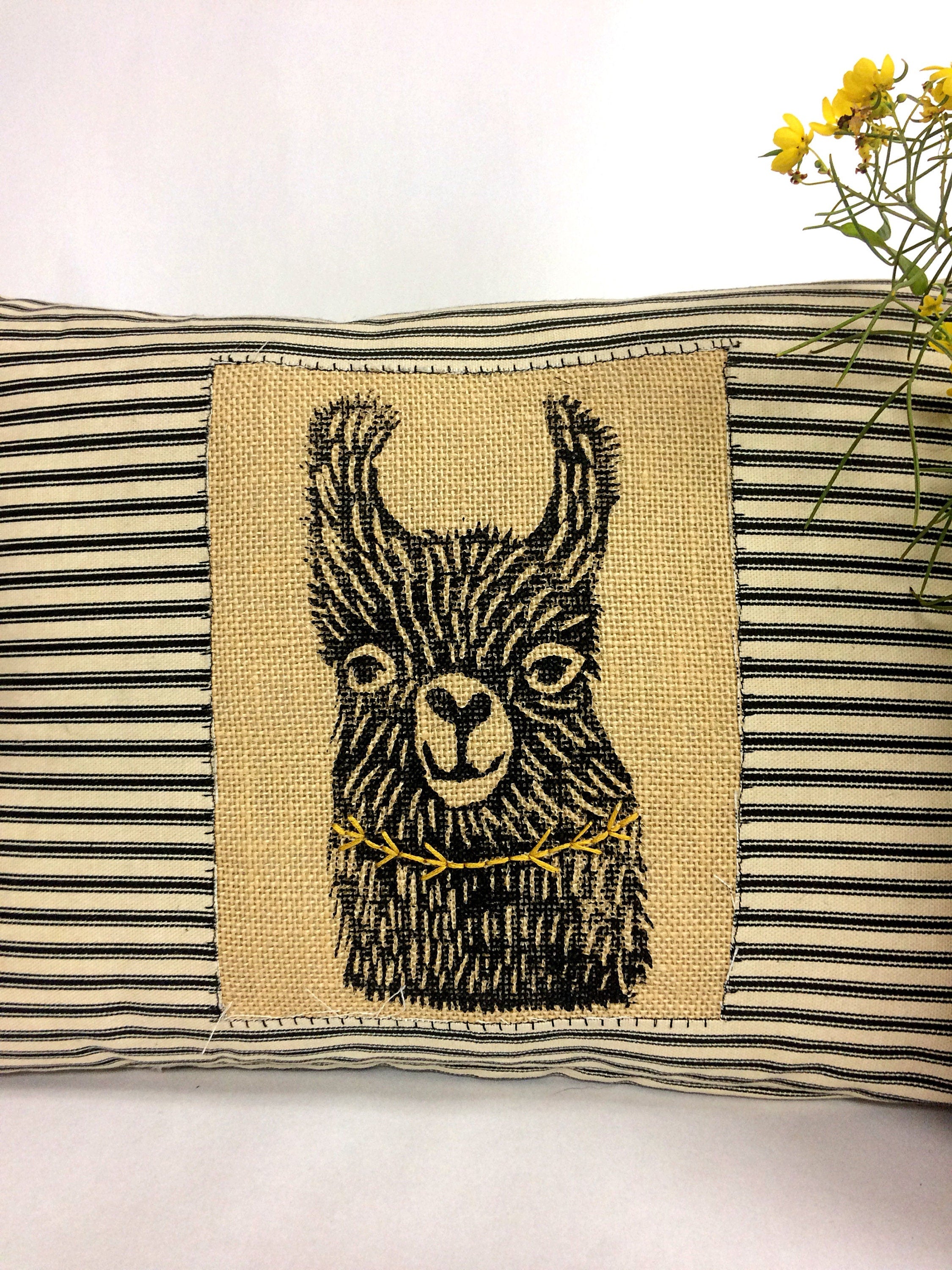 Hand Printed Llama Pillow: Striped Cotton Decorative Pillow