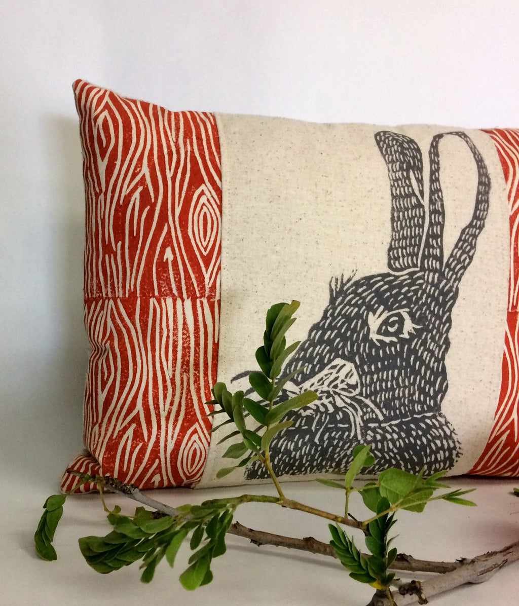 Woodland Rabbit Print Lumbar Pillow: Rustic Home Decor (12x16)