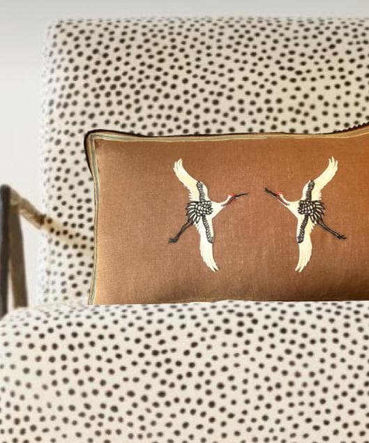 Embroidered Crane Linen Pillow: Caramel Brown, Black and Ivory Bird Applique
