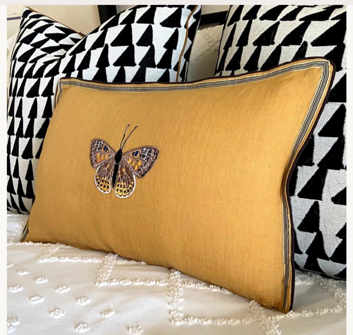 Butterfly Golden Yellow Embroidered  Linen Pillow - Embroidery Pillow