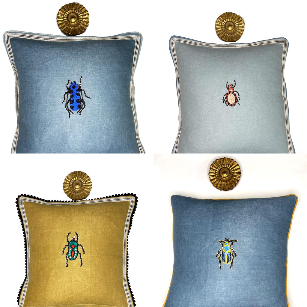 Blue Linen Beetle Embroidery Pillow - Insect Decorative Pillow