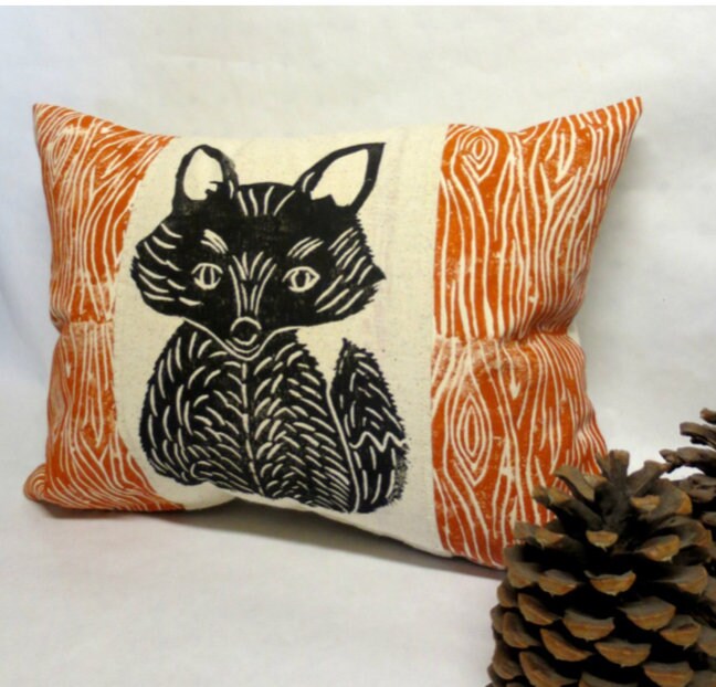 Woodland Fox Pillow: Hand Carved Print, Rustic Cabin Decor