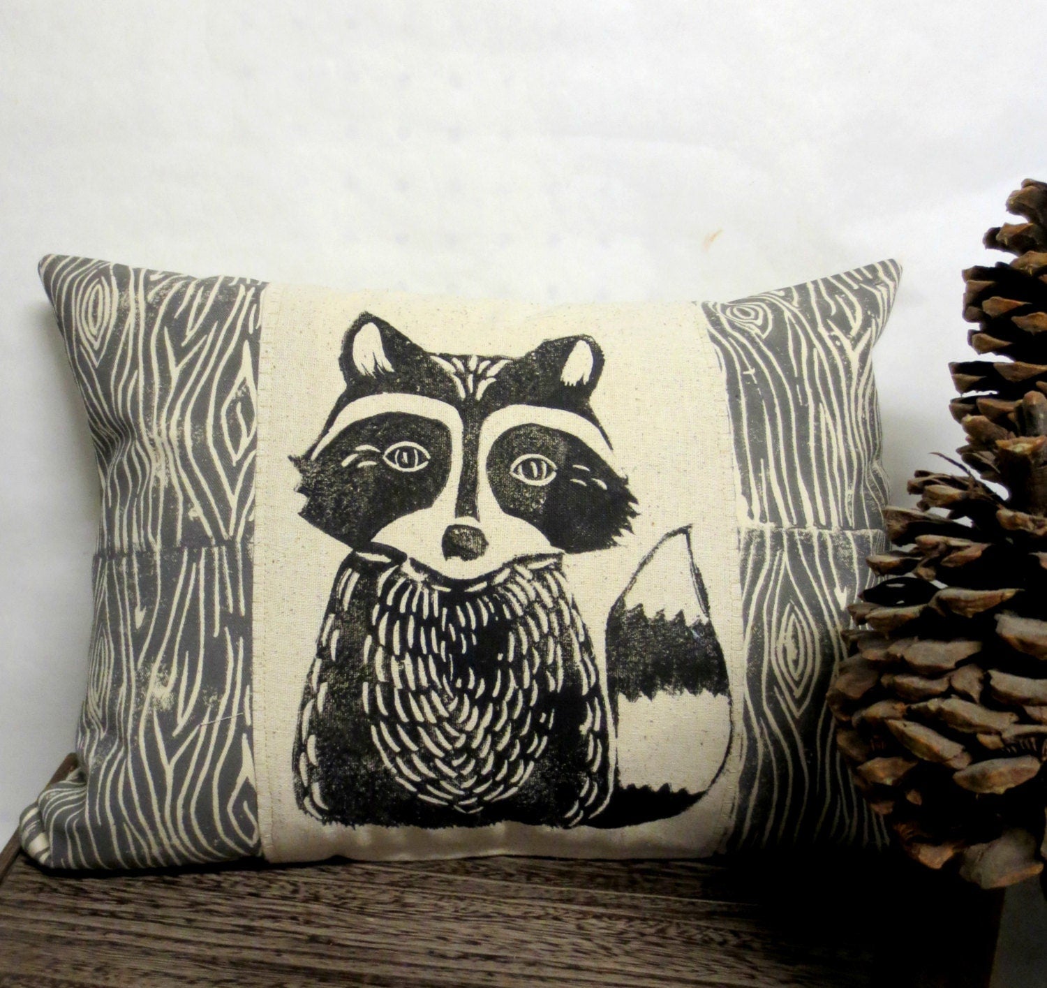 Raccoon Pillow: Hand Carved Block Print, Woodland Nursery Decor