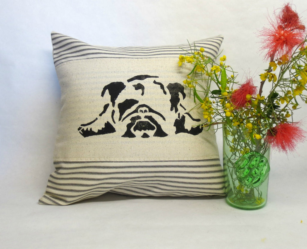 Hand Block Print English Bulldog Pillow: Ticking Stripe Throw Pillow