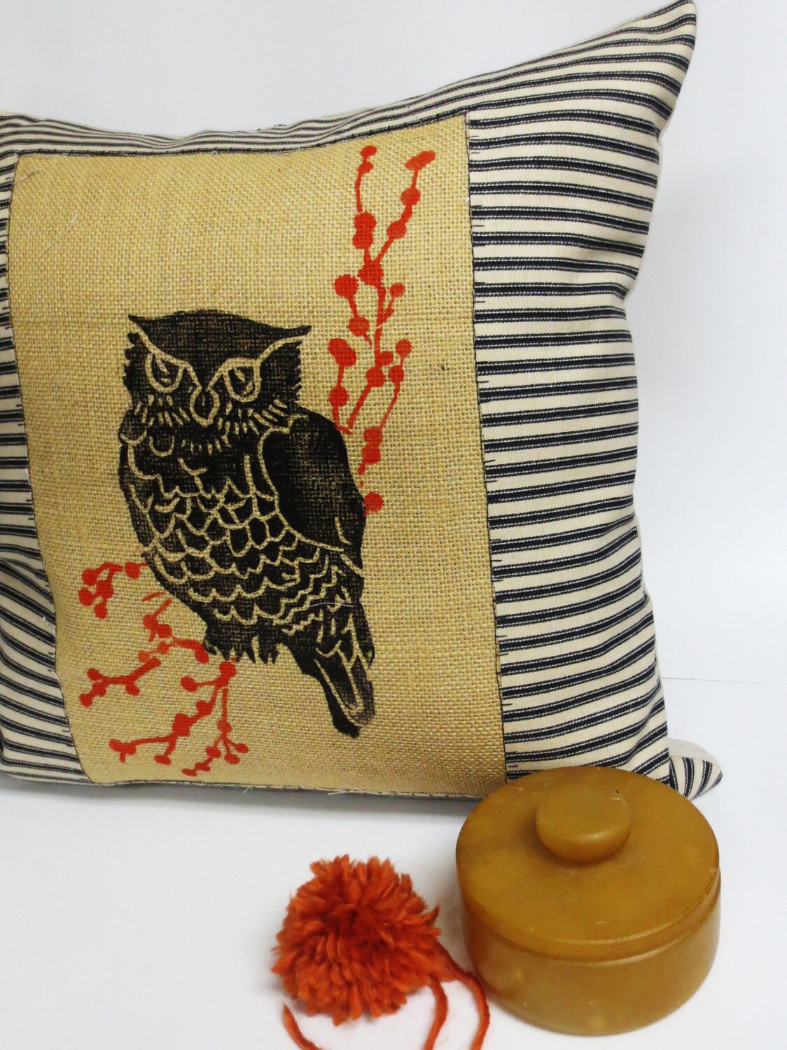 Owl Throw Pillow: Black Block Print, Rustic Burlap Cushion