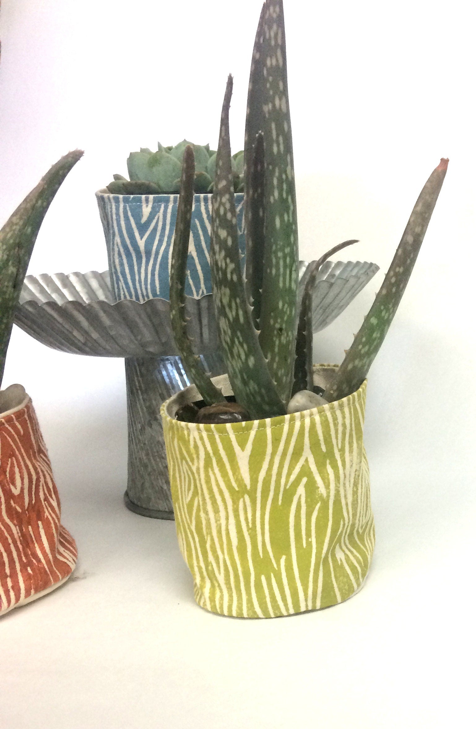 Wood Grain Print Fabric Plant Pot: Blockprinted Organic Cotton Sleeve