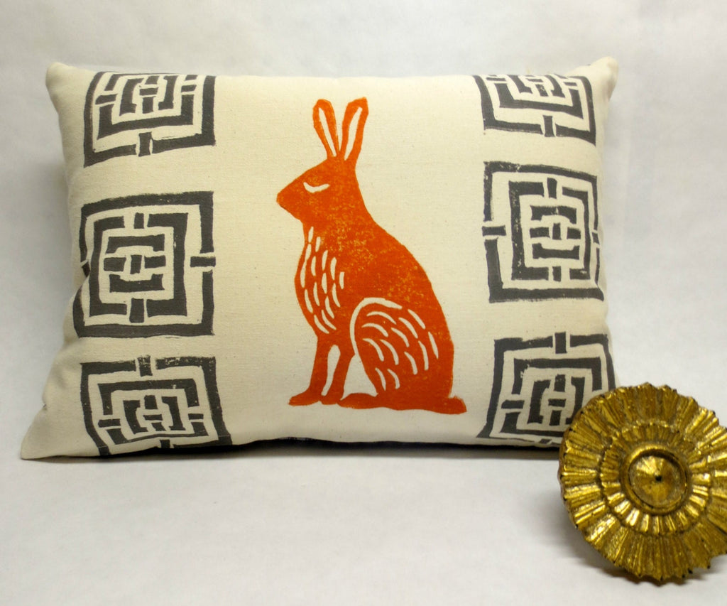 Mid Century Rabbit Pillow: Orange Hare Block Print