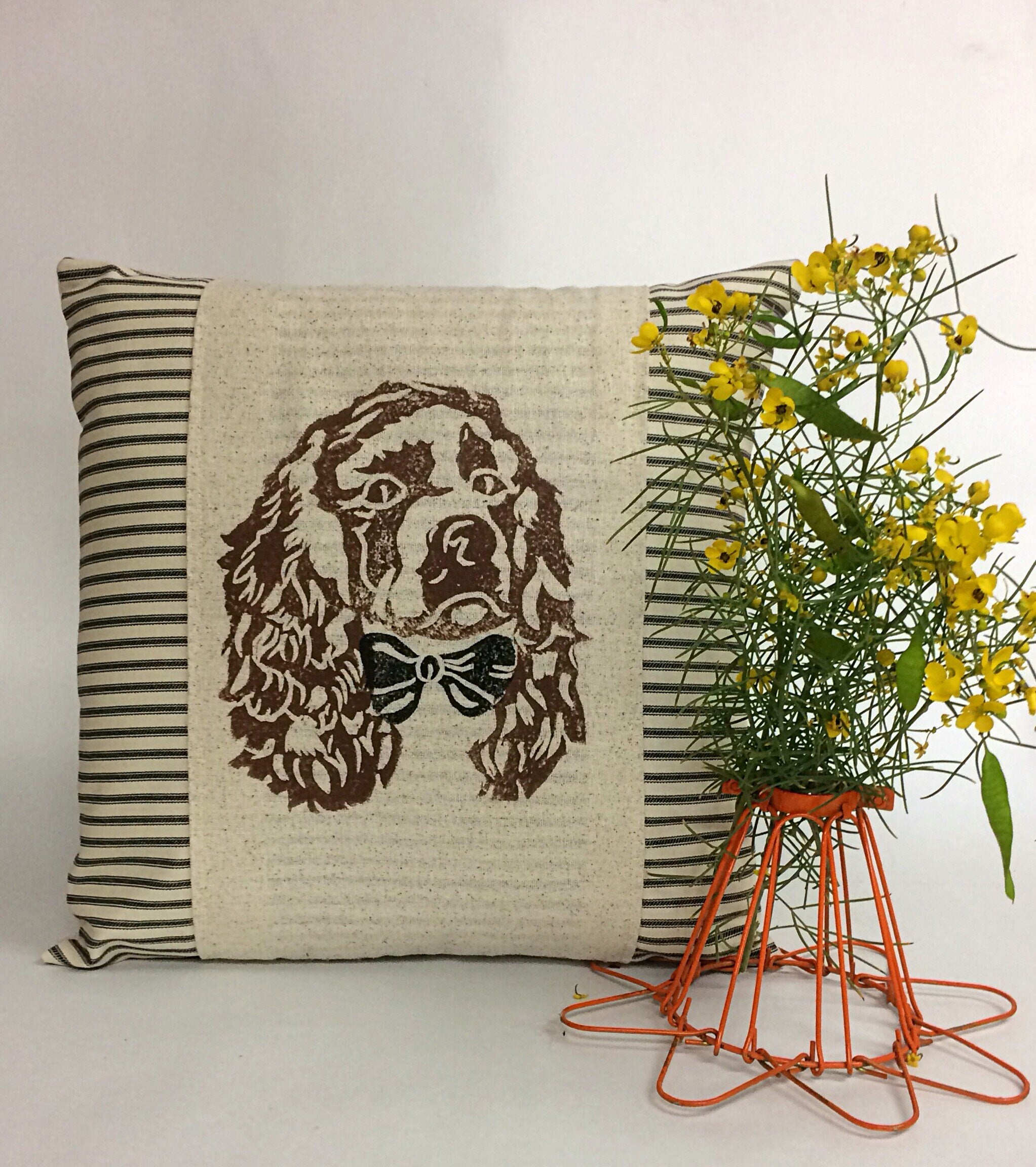 Hand Block Print Cocker Spaniel Pillow Cover: Ticking Stripe Accent Pillow
