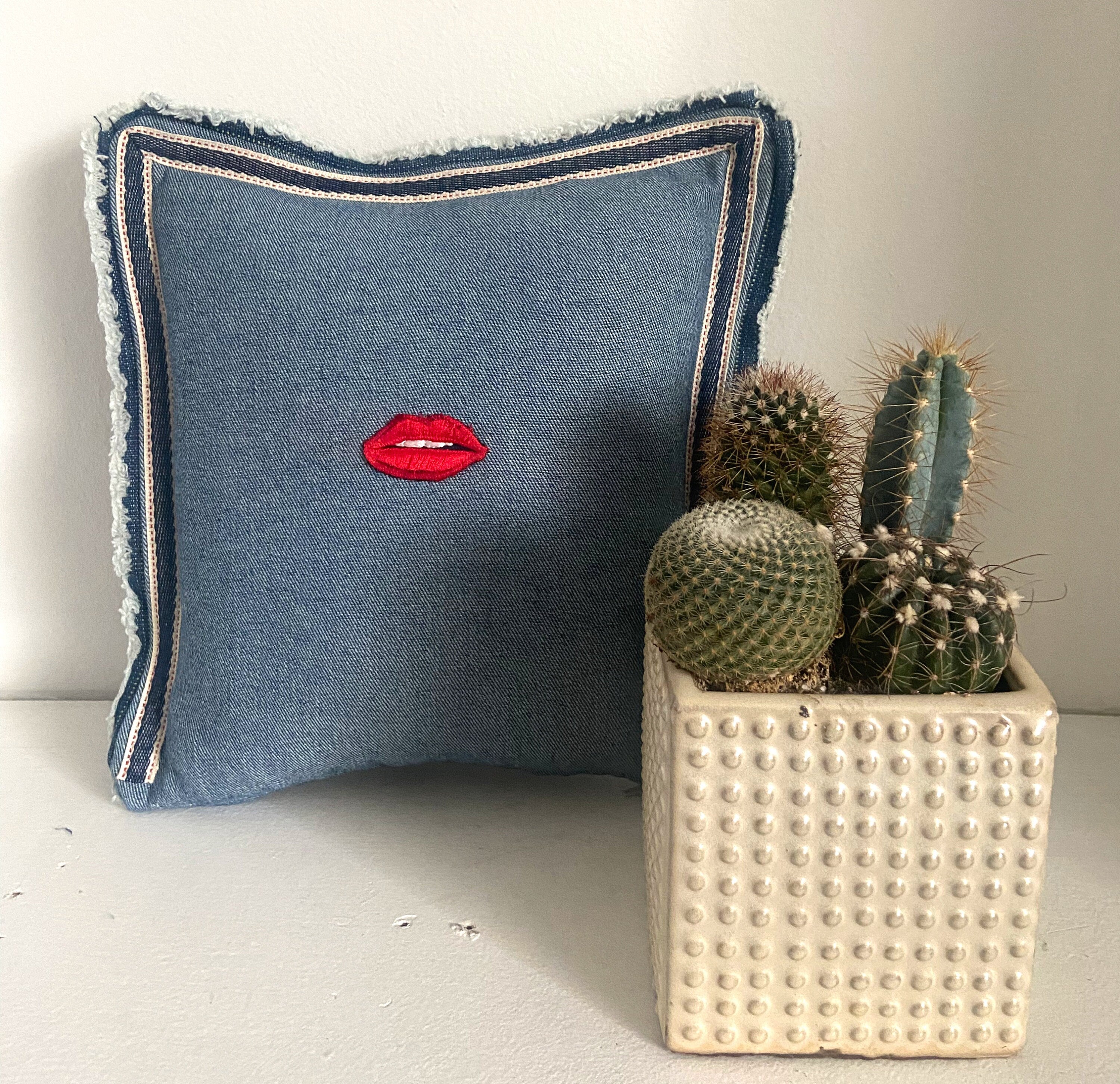 Denim Throw Pillow: Red Lips Embroidery, Raw Fringe Edge