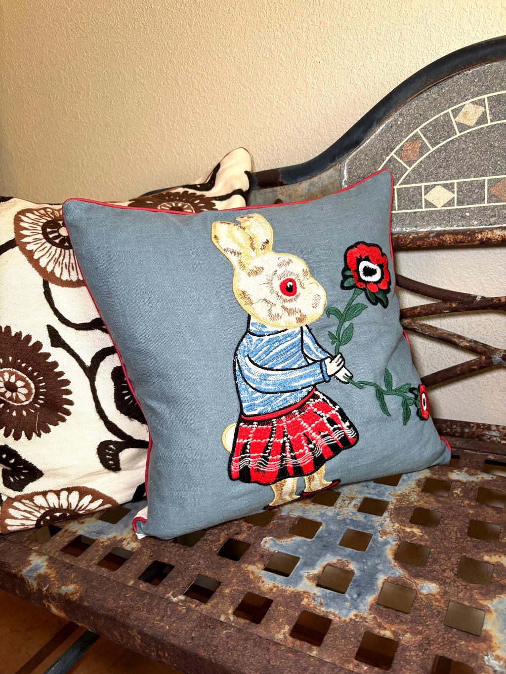 Rabbit Embroidery Pillow: Whimsical PunkLinen Woodland Cushion