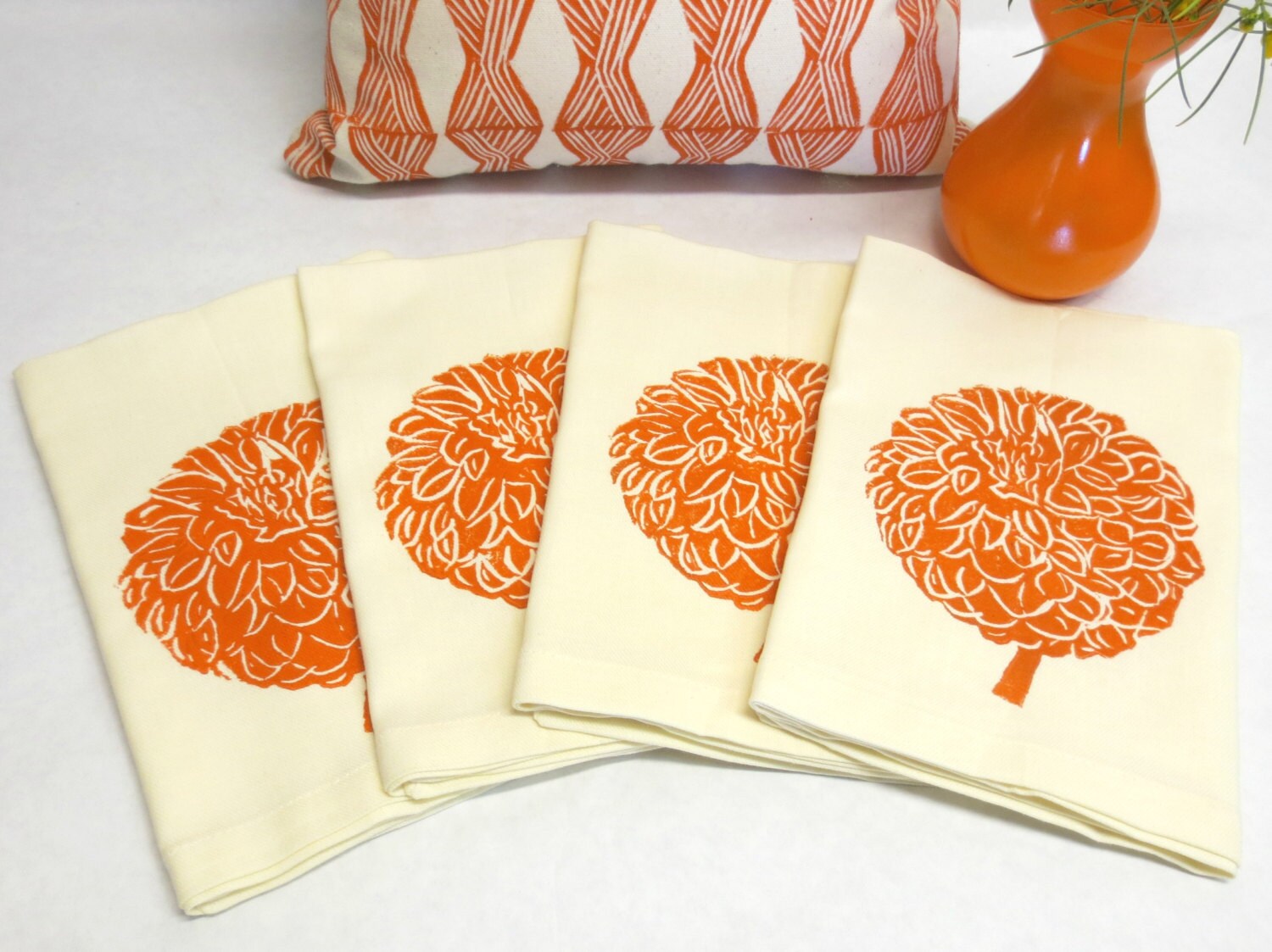 Hand Printed Orange Dahlia Flower Napkins - Set of 4
