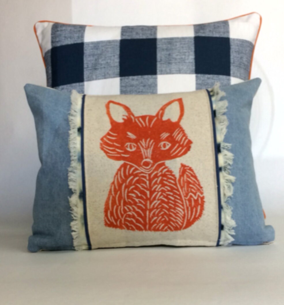 Fox Print Denim Pillow: Hand Carved Woodland Nursery Decor