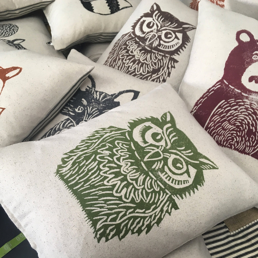 Hand Block Printed Woodland Animal Pillow: Bear, Fox, Moose, Squirrel