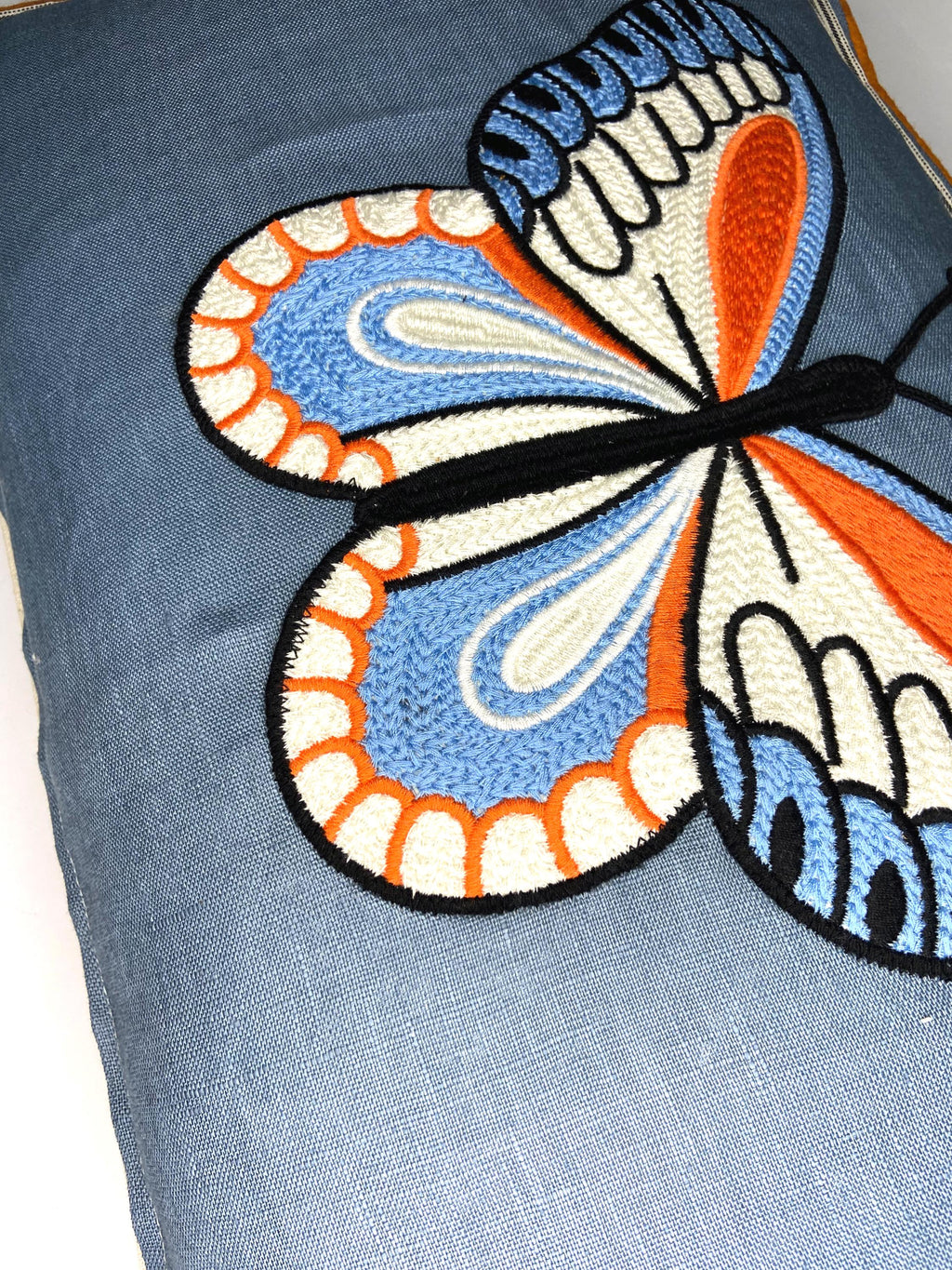 Butterfly Blue and Orange Embroidered  Linen Pillow - Embroidery Pillow