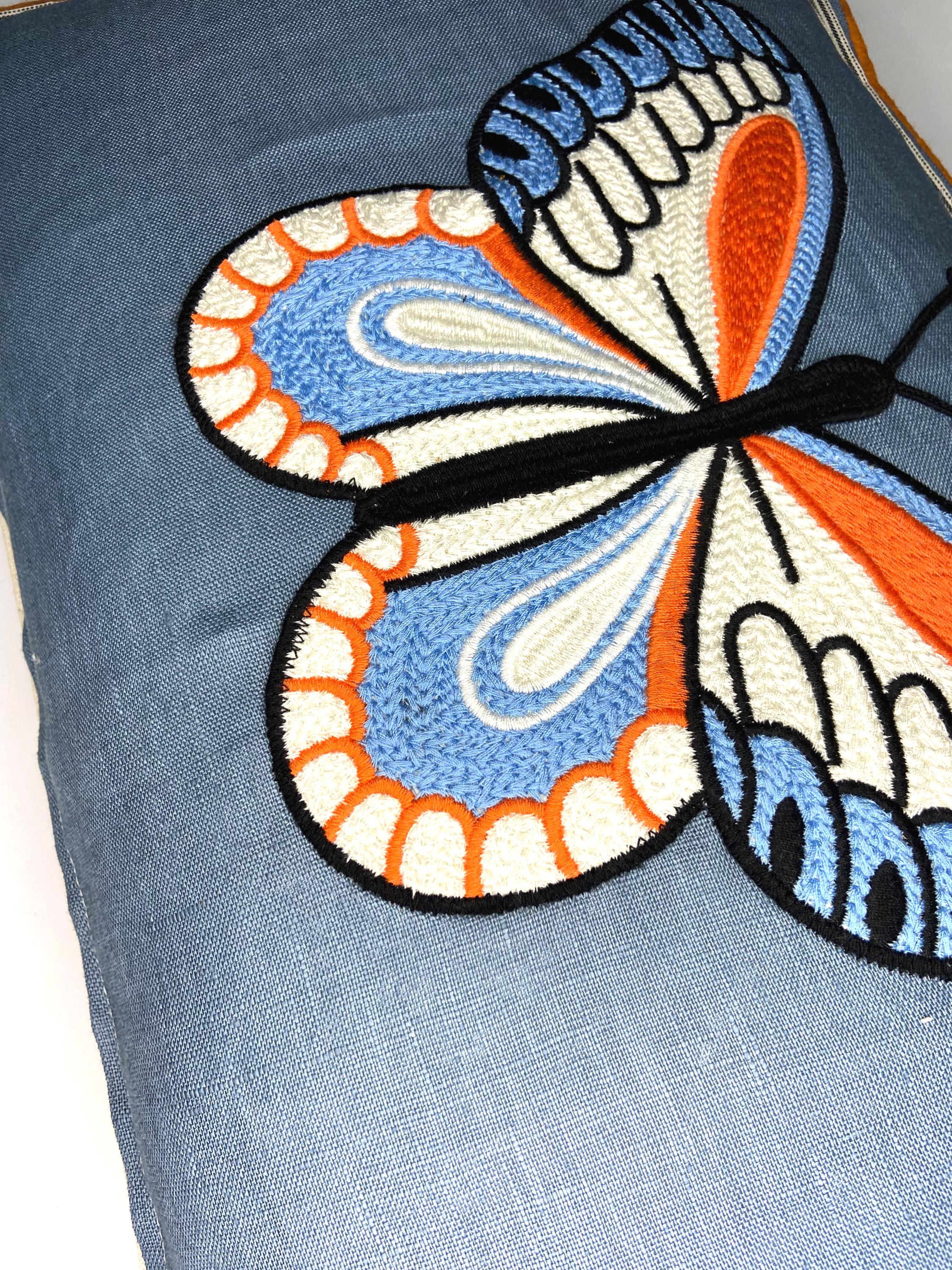 Butterfly Blue and Orange Embroidered  Linen Pillow - Embroidery Pillow