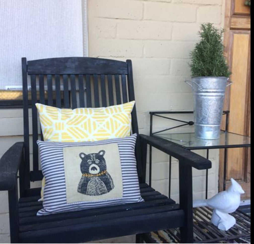 Hand Printed Bear Throw Pillow: Black Burlap, Embroidered Detail