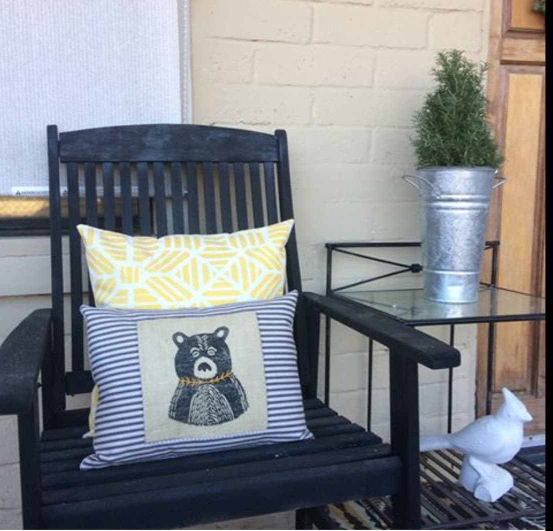 Hand Printed Bear Throw Pillow: Black Burlap, Embroidered Detail