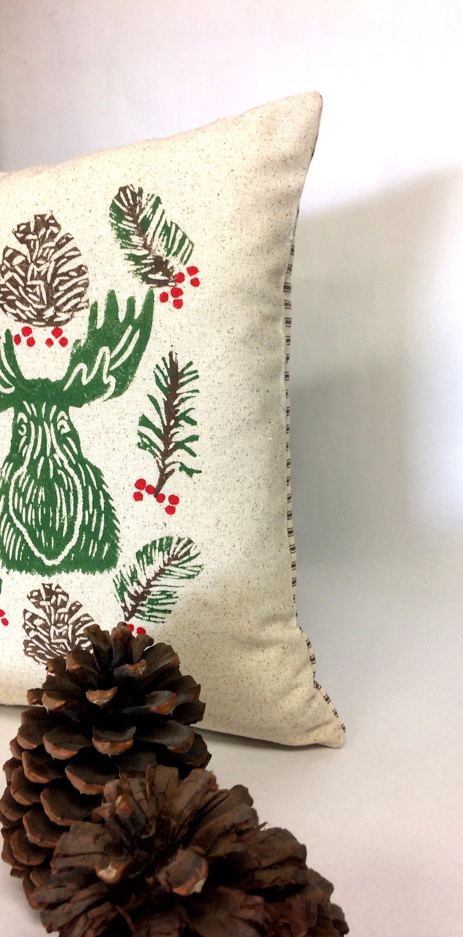 Christmas Moose or Bear Pillow: Hand Printed Woodland Decoration
