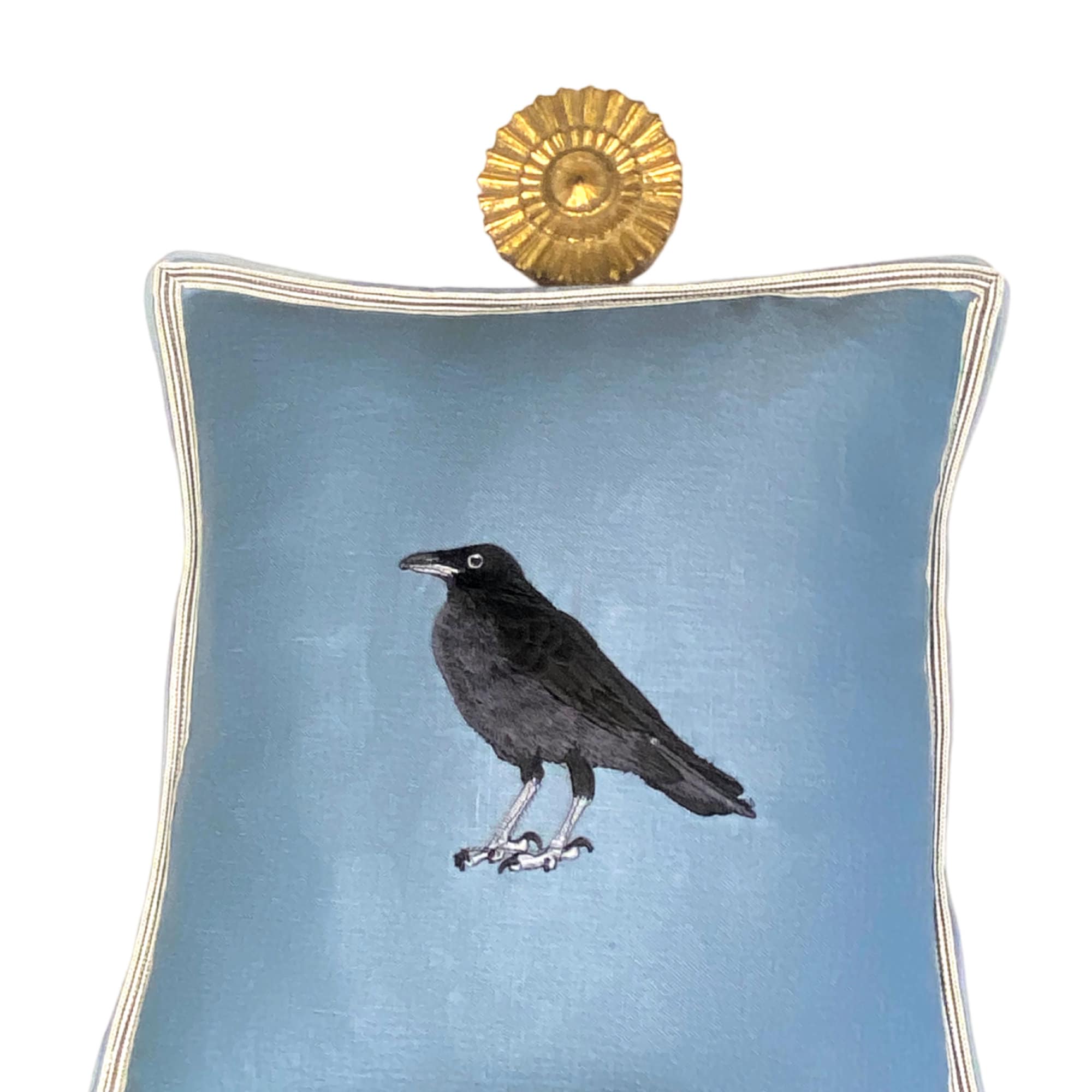 Embroidered Raven Linen Pillow: Slate Blue Bird Decorative Cushion