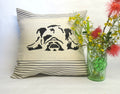 Hand Block Print English Bulldog Pillow: Ticking Stripe Throw Pillow