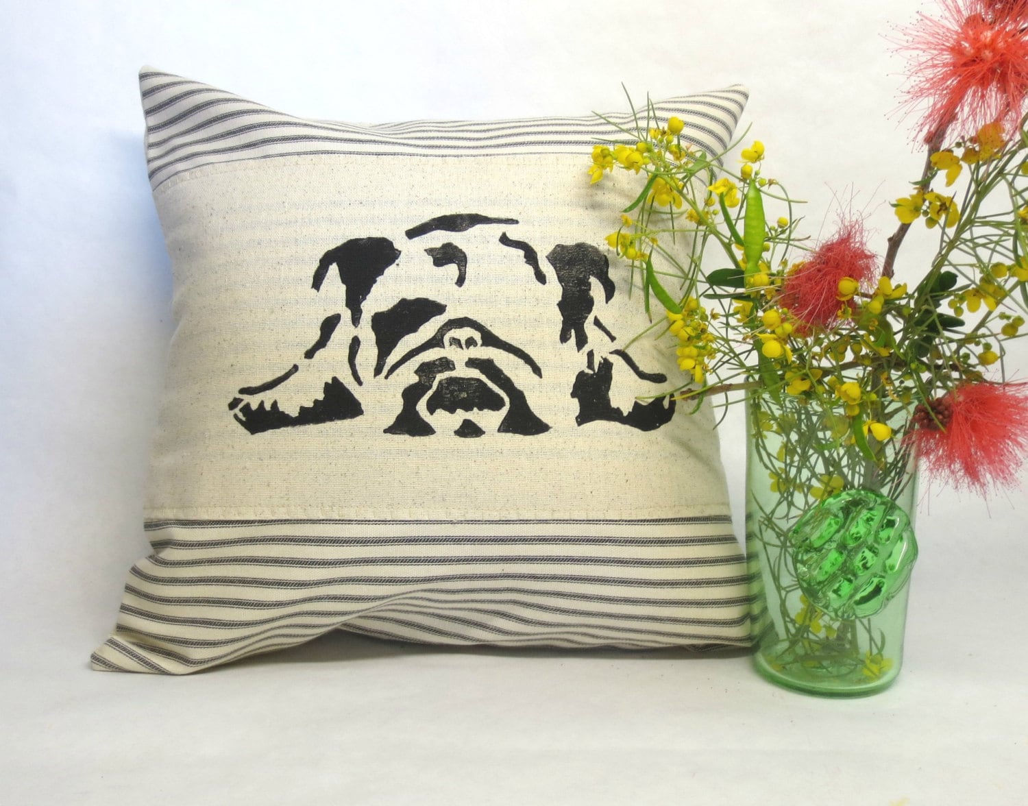 Hand Block Print English Bulldog Pillow: Ticking Stripe Throw Pillow