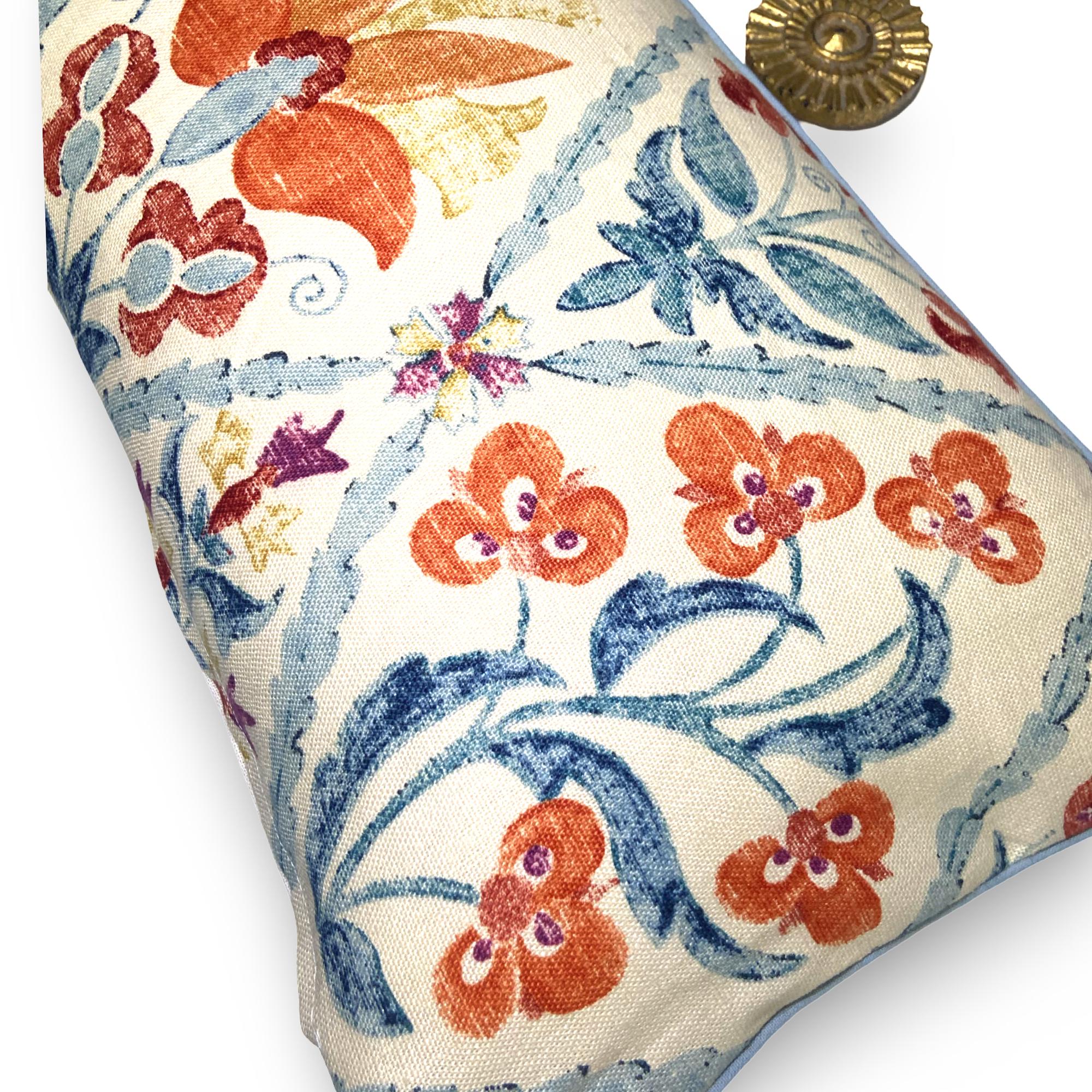 Oscar de la Renta Linen Kidney Pillow: Orange Aqua Floral Trellis, 12x24
