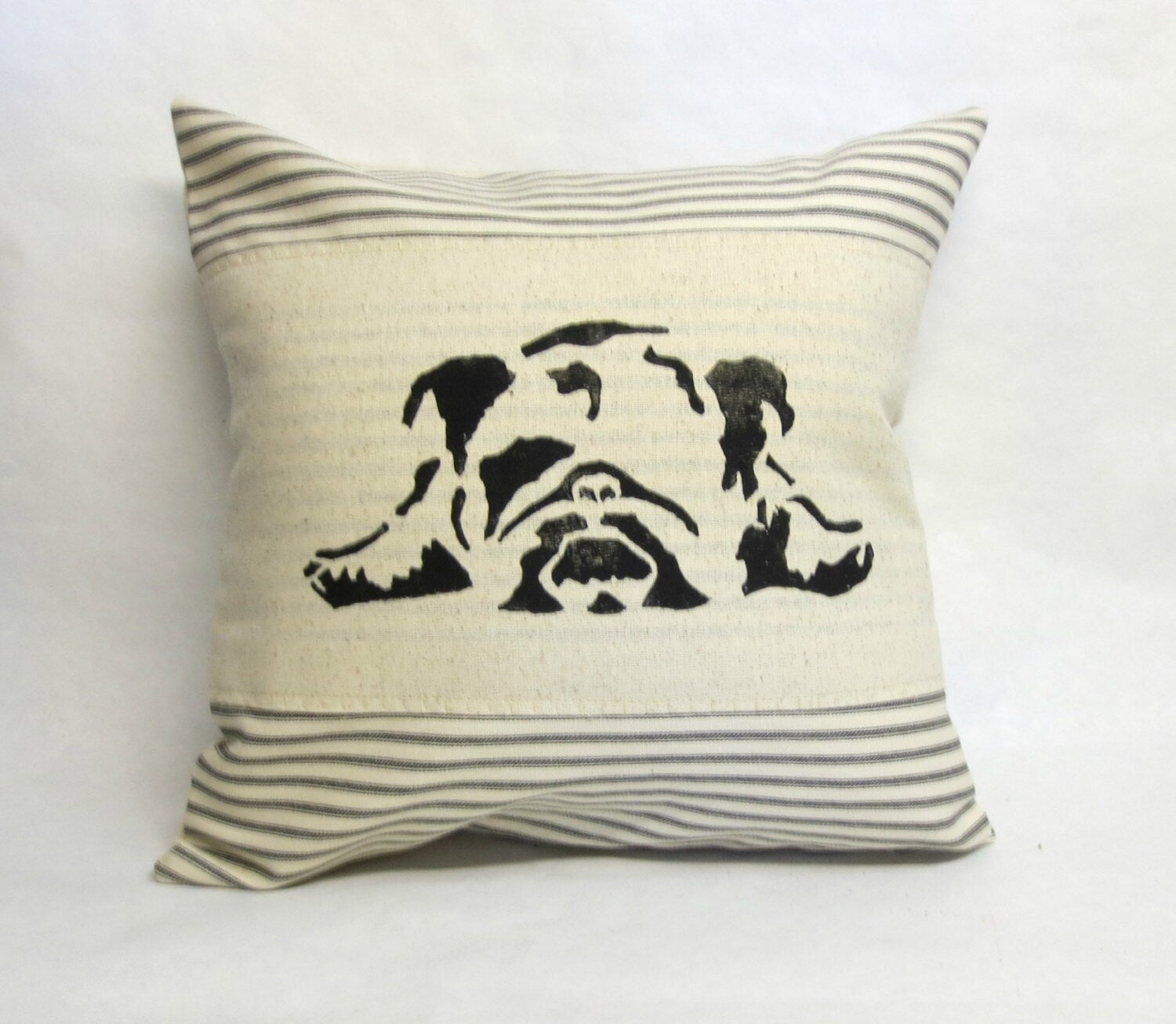 Hand Block Print English Bulldog Pillow: Ticking Stripe Throw Pillow