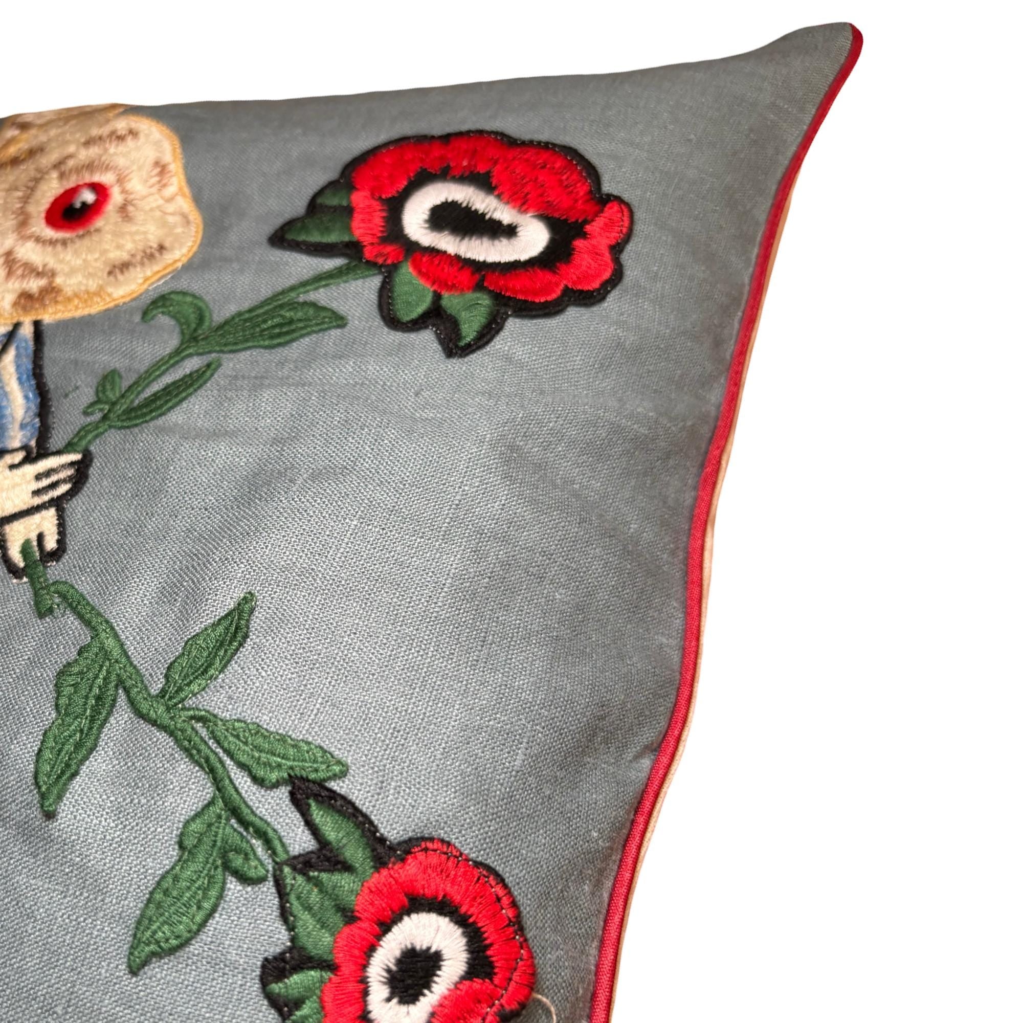 Rabbit Embroidery Pillow: Whimsical PunkLinen Woodland Cushion
