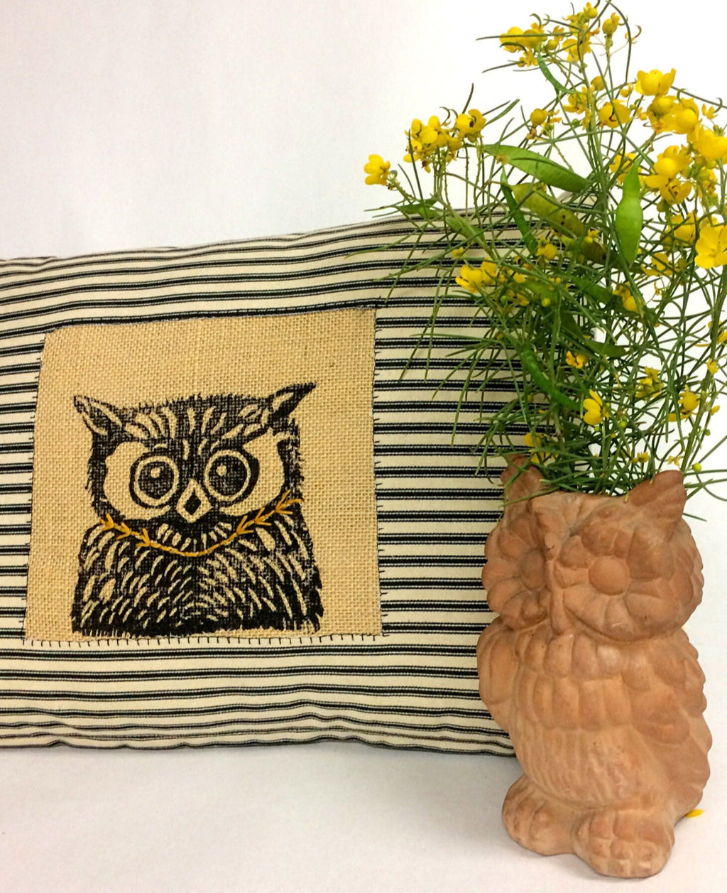 Hand Printed Owl Pillow Cover: Black Beige Ticking Stripe, Gold Collar