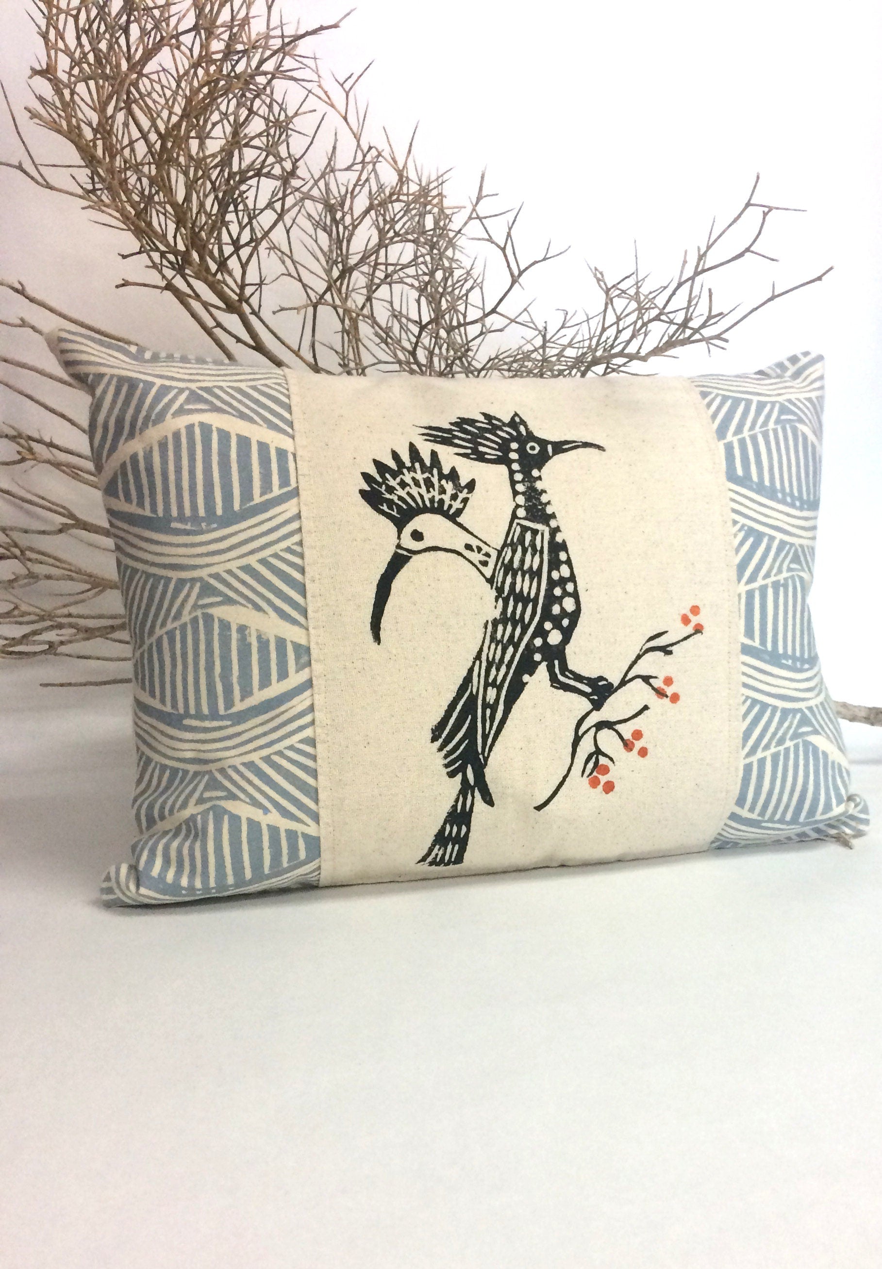 Vintage Roadrunner Print Kidney Pillow: Hand Block Printed Tribal Decor