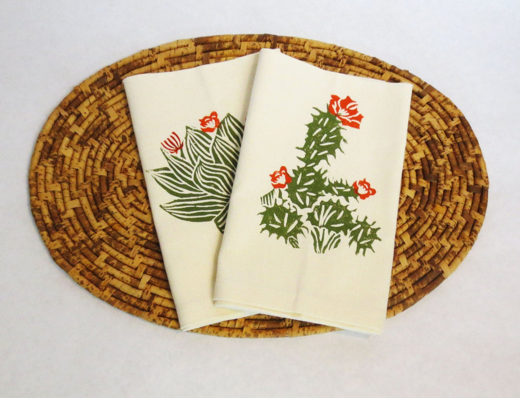 Hand Printed Cactus Napkins: Ivory Cotton Desert Table Linens, Set of 4