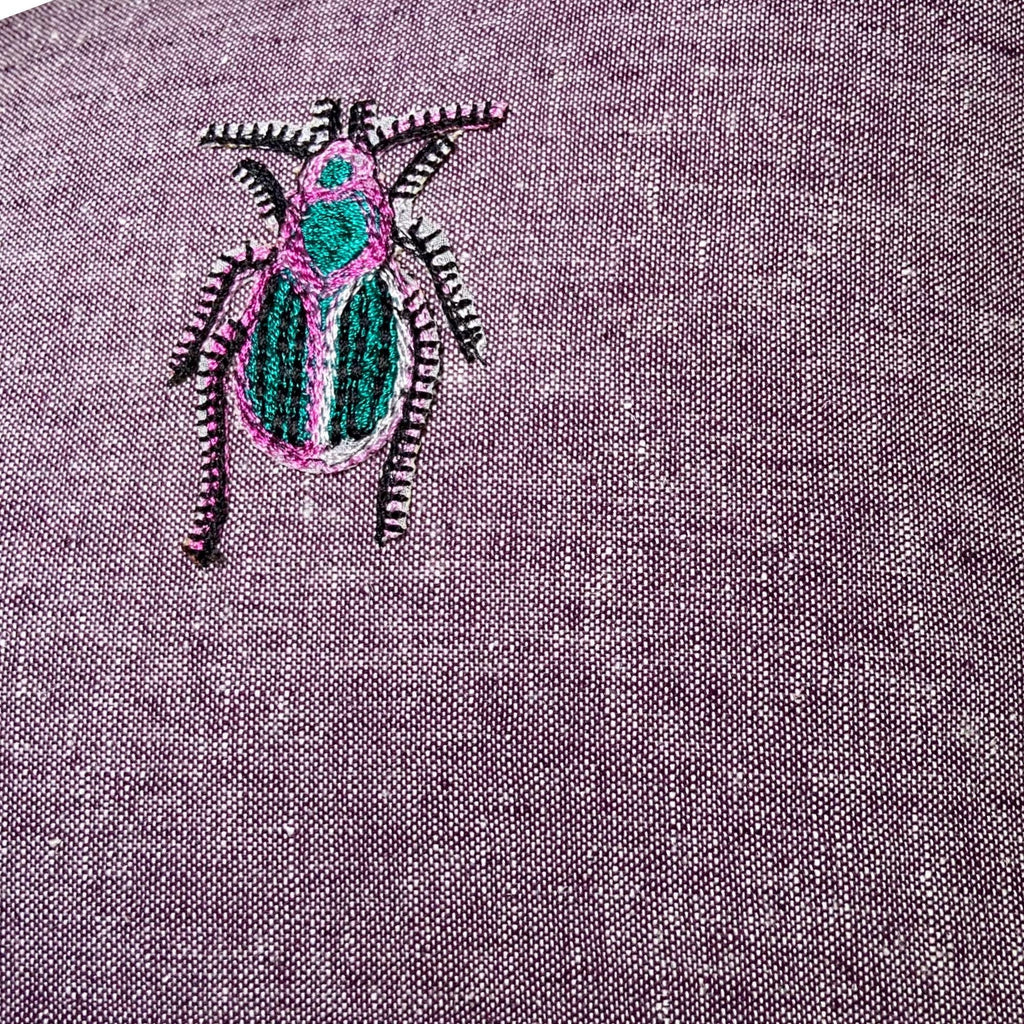 Lilac Linen Pillow – Beetle Bug Embroidery, Decorative Throw