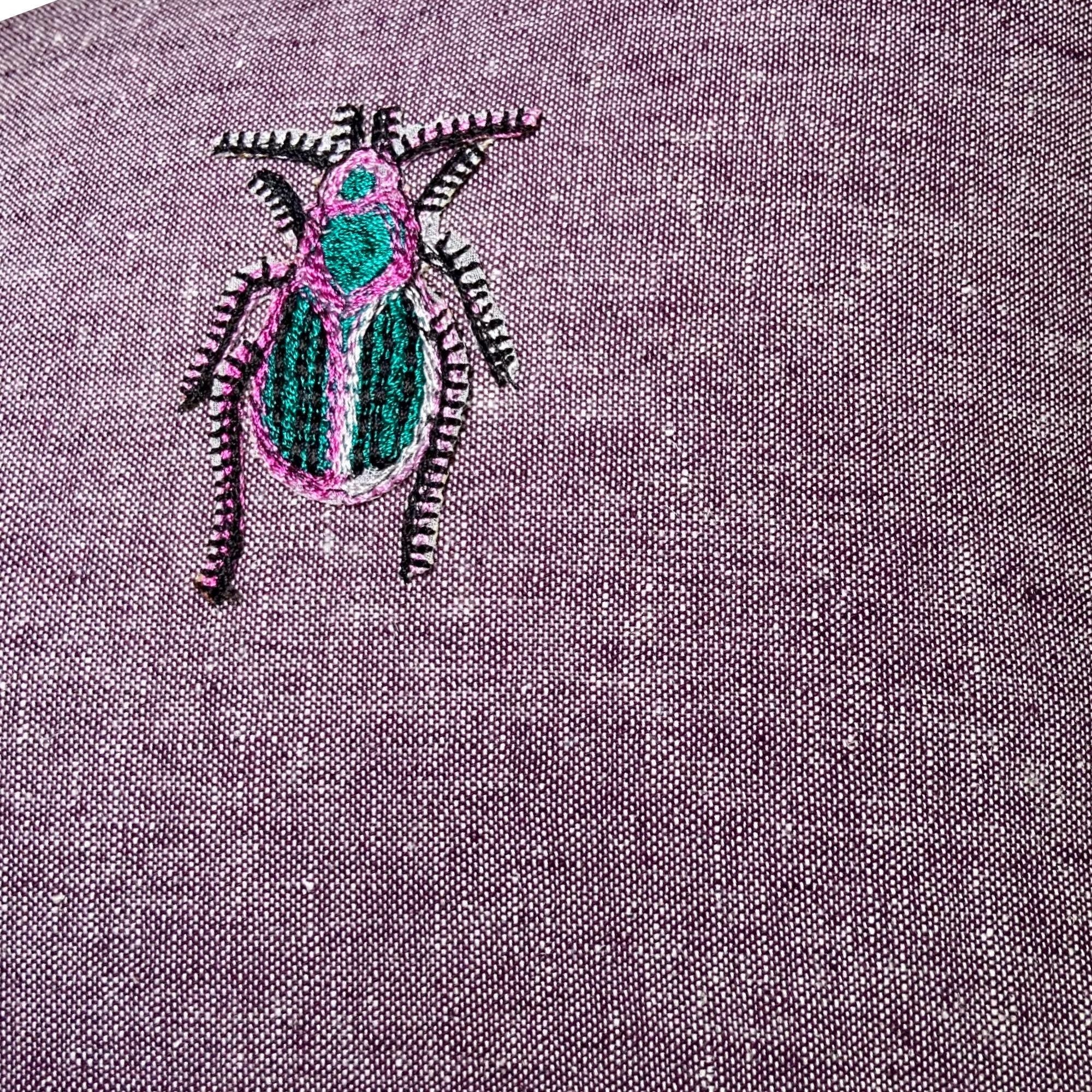 Lilac Linen Pillow – Beetle Bug Embroidery, Decorative Throw