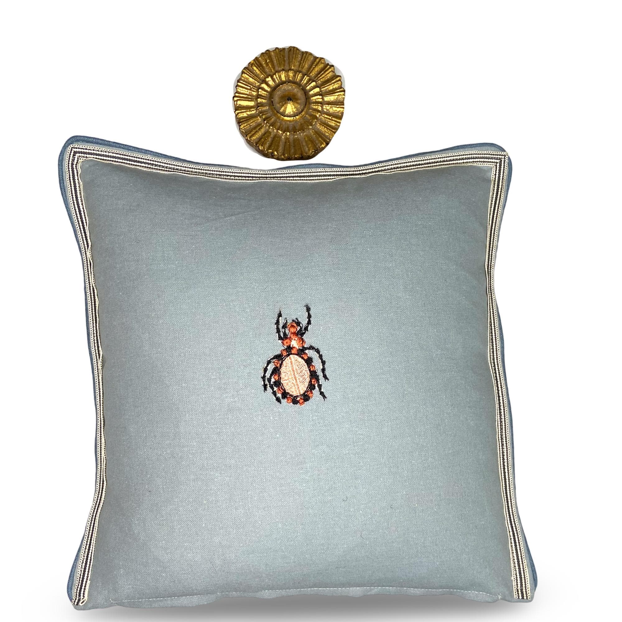 Blue Linen Beetle Embroidery Pillow: Insect Decorative Cushion