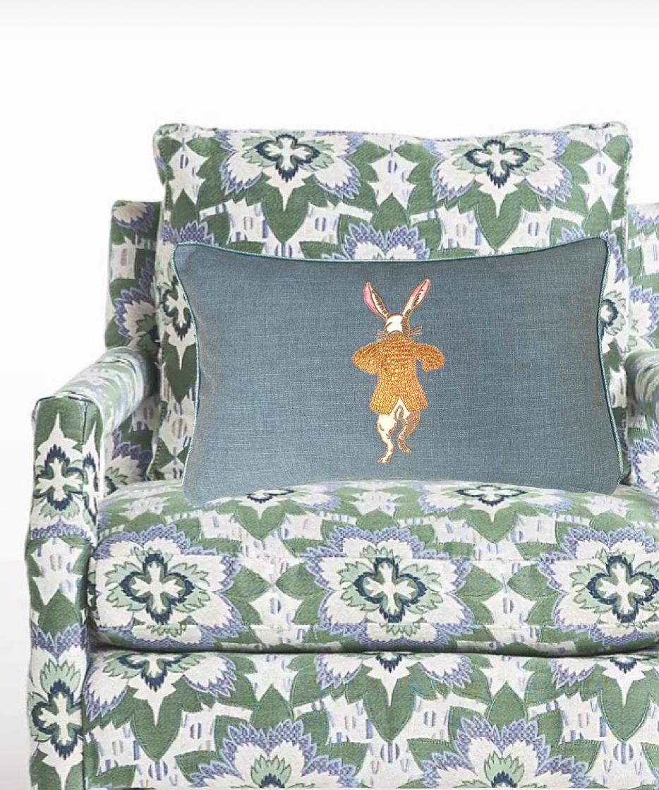 Rabbit Embroidery Pillow: your choice of linen with Metallic Accents