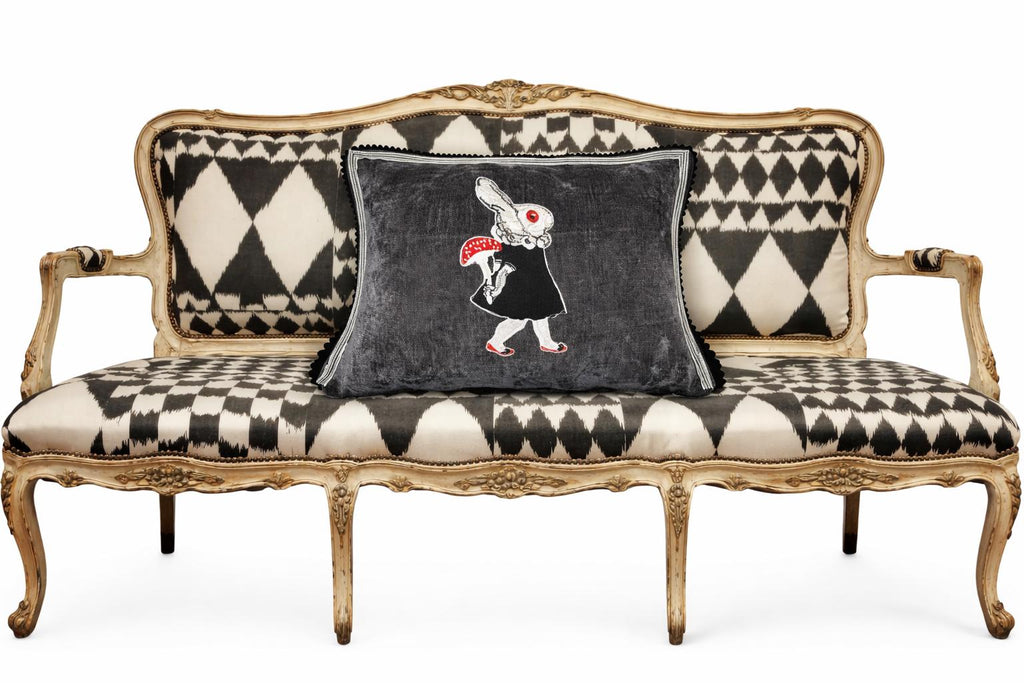 Embroidered Rabbit Pillow – Whimsical Gothic Chenille Cushion (12"x20")