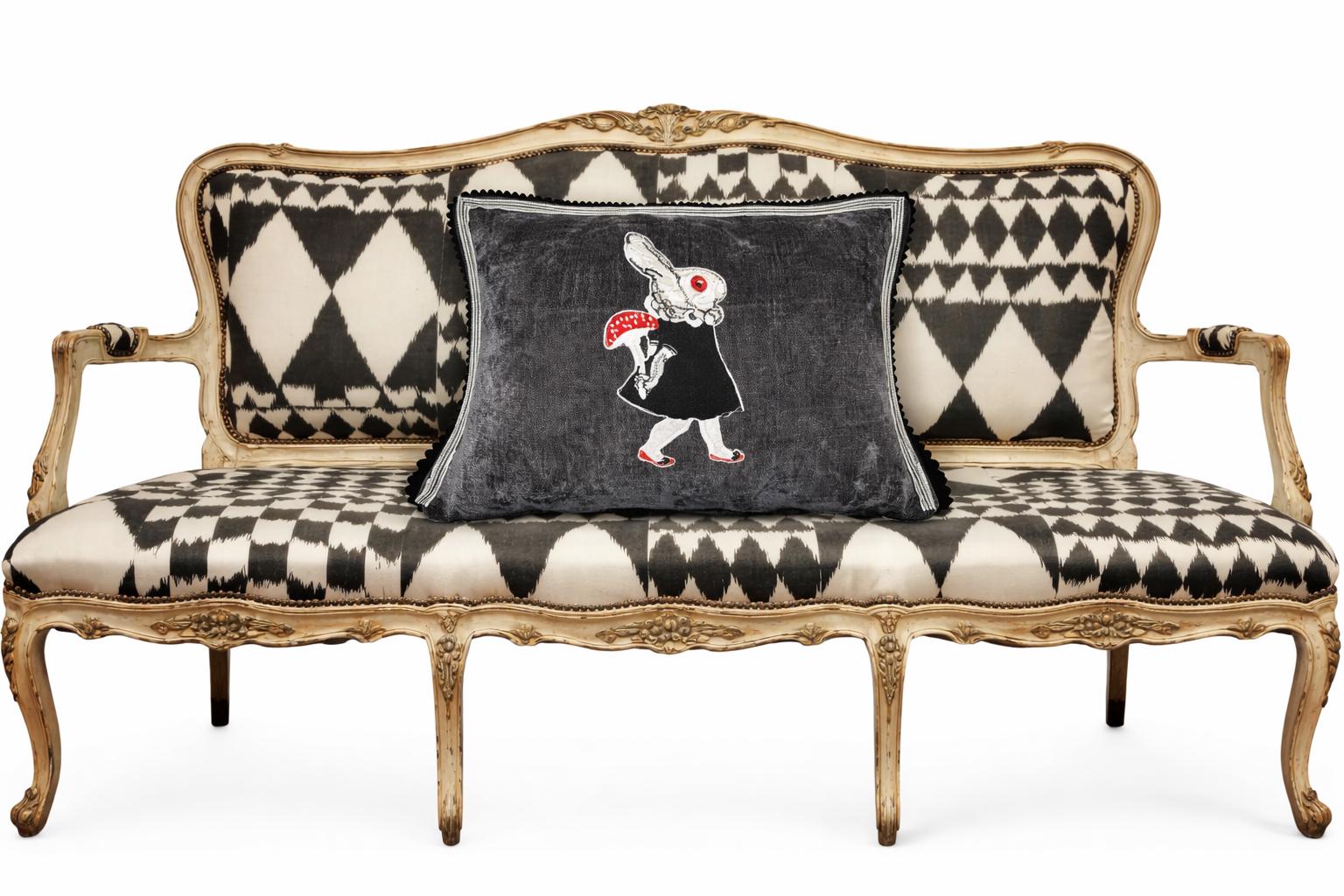 Embroidered Rabbit Pillow – Whimsical Gothic Chenille Cushion (12"x20")