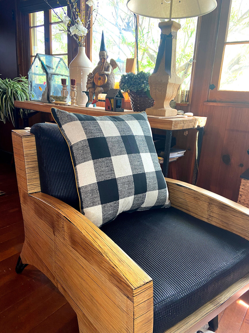 Buffalo Check Pillow: Black Beige Gingham with Mustard Trim