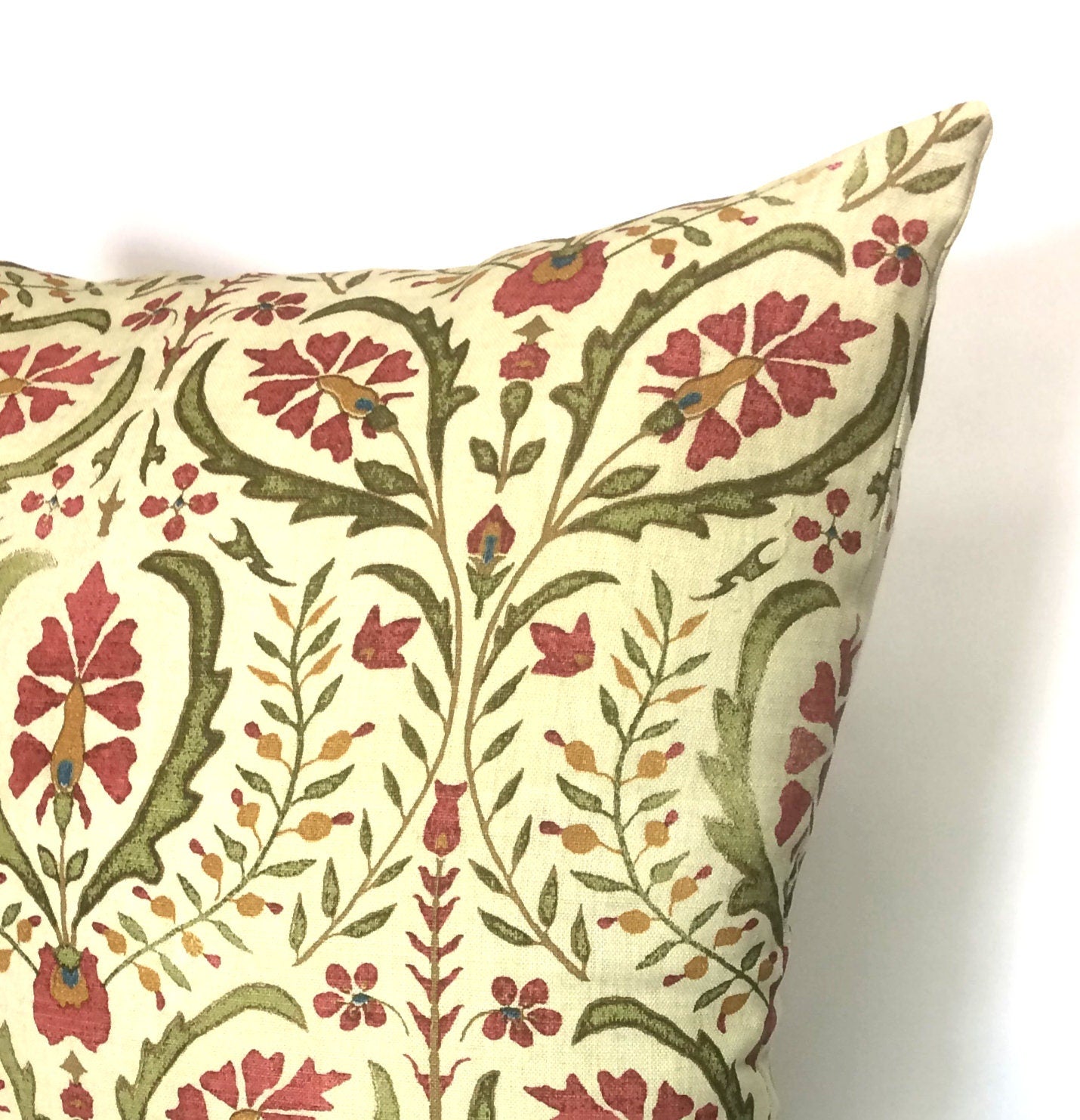 Suzani Print Linen Pillow: French Antique Style, Greens & Pinks (20x20)