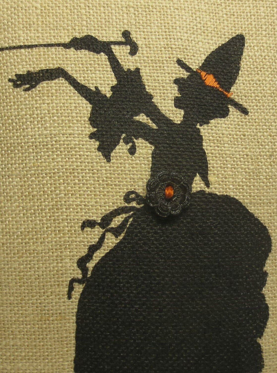 Wicked Witch Halloween Pillow: Burlap Silhouette, Orange Accents