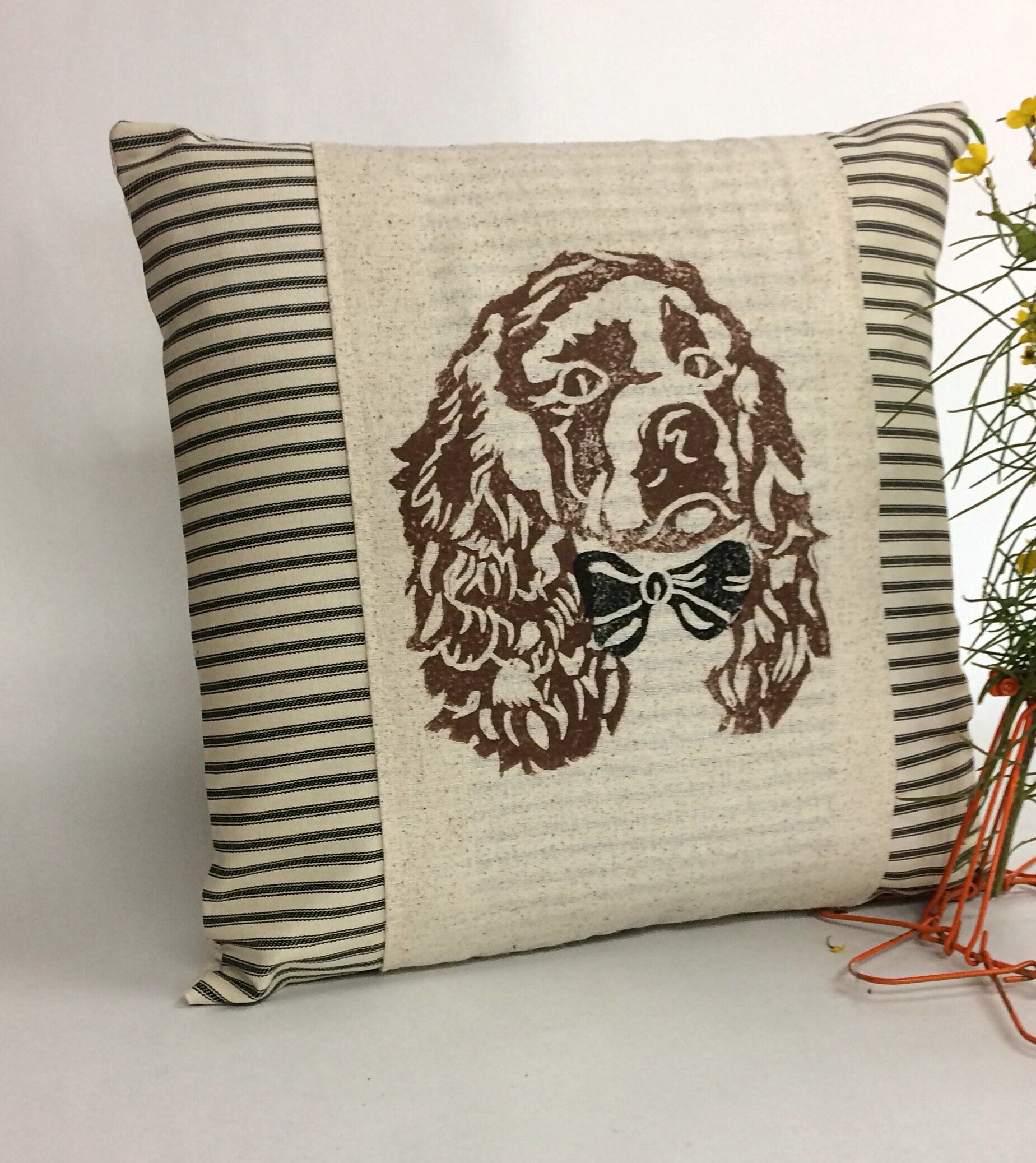 Hand Block Print Cocker Spaniel Pillow Cover: Ticking Stripe Accent Pillow