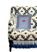 Denim Throw Pillow: Red Lips Embroidery, Raw Fringe Edge