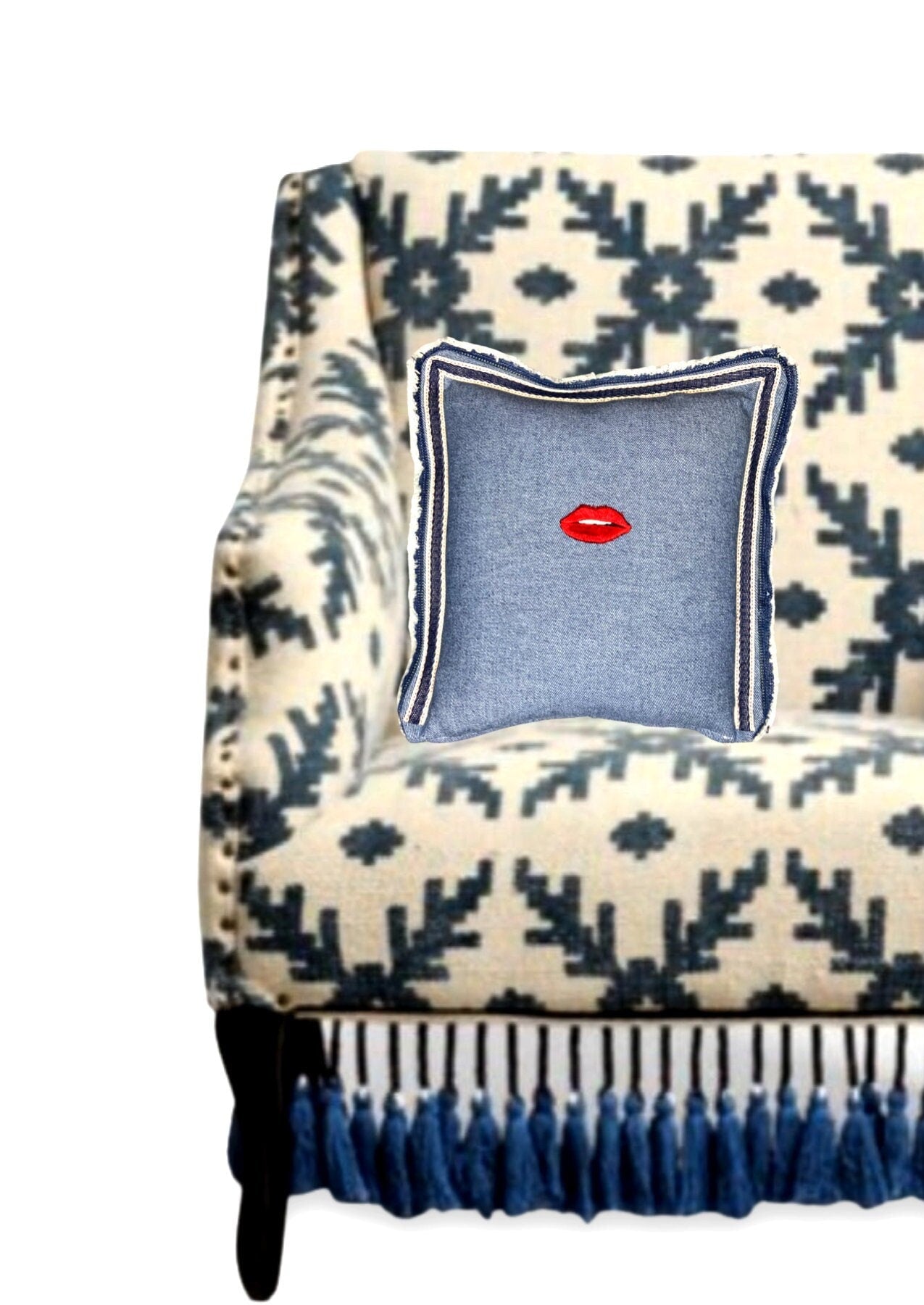 Denim Throw Pillow: Red Lips Embroidery, Raw Fringe Edge