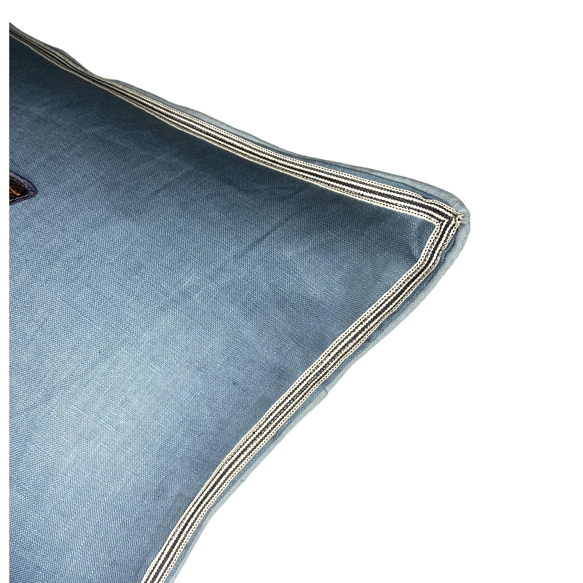 Embroidered Moth Linen Pillow: Slate Blue Decorative Lumbar