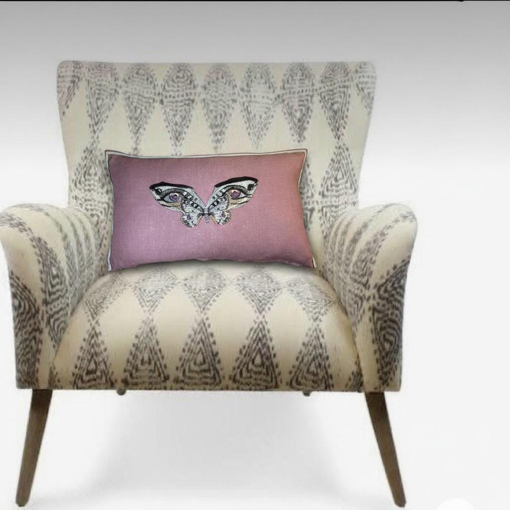 Butterfly Lavender Purple and Grey Embroidered  Linen Pillow - Embroidery Pillow