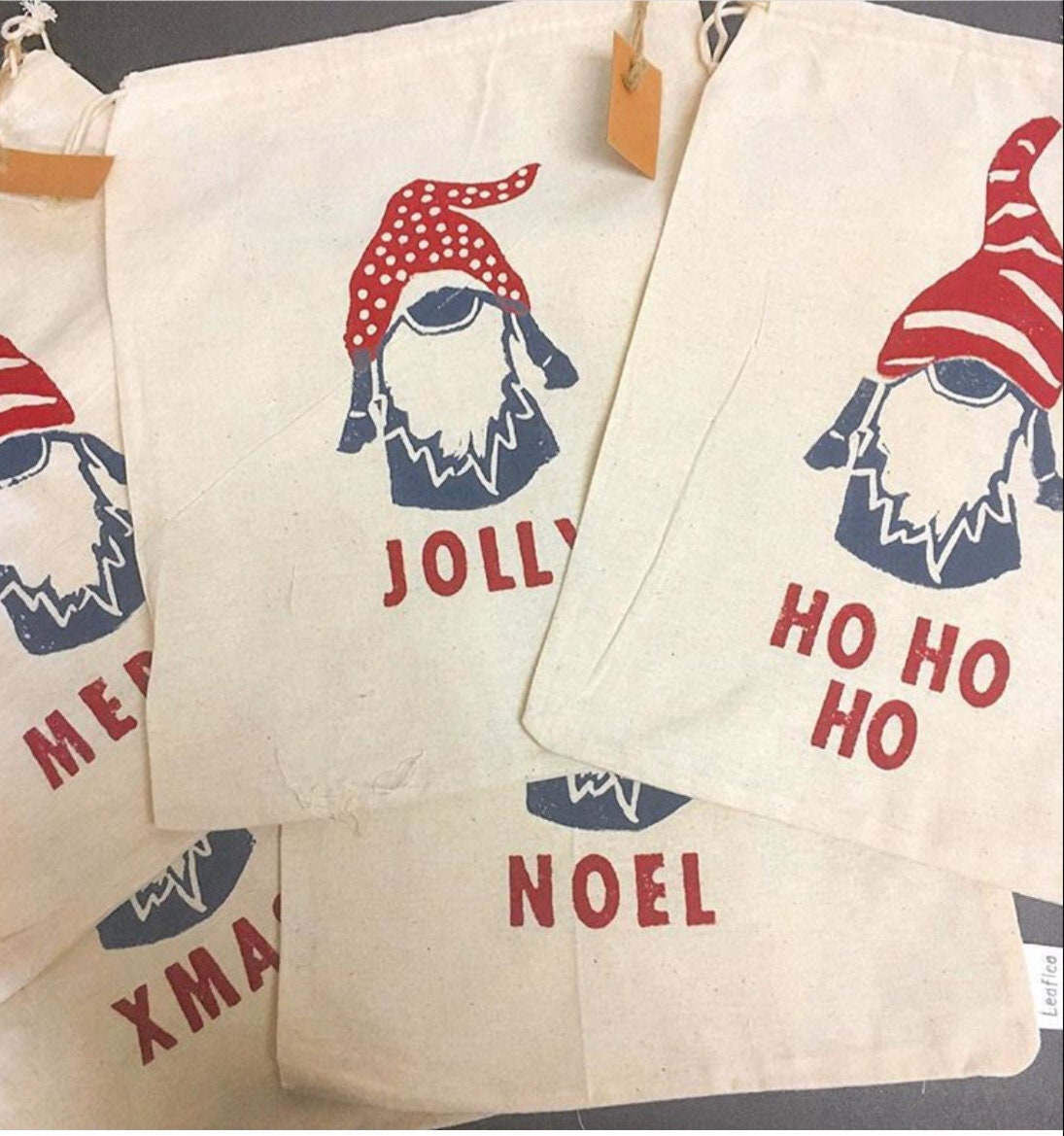 Hand Printed Christmas Gnome Fabric Gift Bags, Set of 2